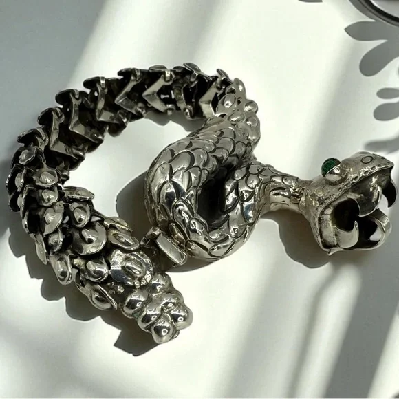 Nacho Gomez Taxco 950 Sterling Silver Rattlesnake Bracelet Malachite Eyes NWOT - Picture 7 of 17